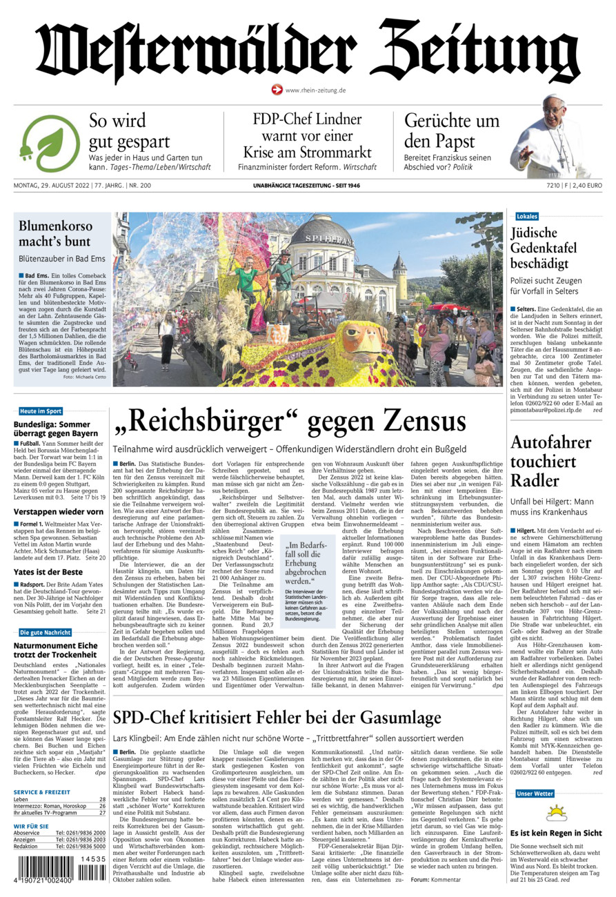 Westerwälder Zeitung vom Montag, 29.08.2022