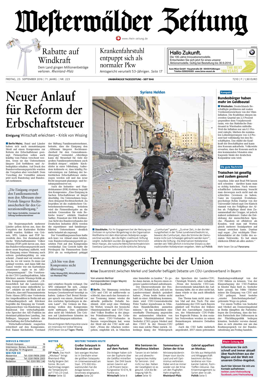 Westerwälder Zeitung vom Freitag, 23.09.2016