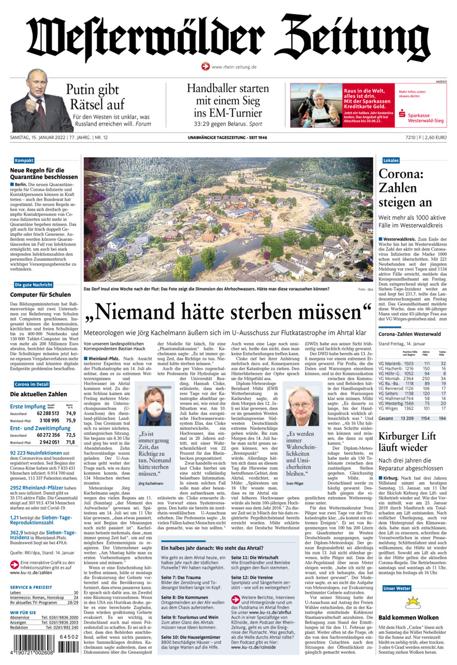 Westerwälder Zeitung vom Samstag, 15.01.2022