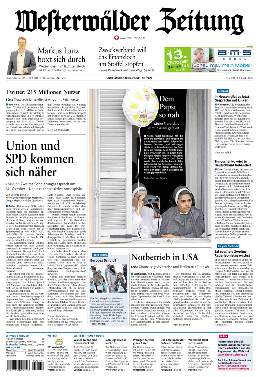 Westerwälder Zeitung vom Samstag, 05.10.2013