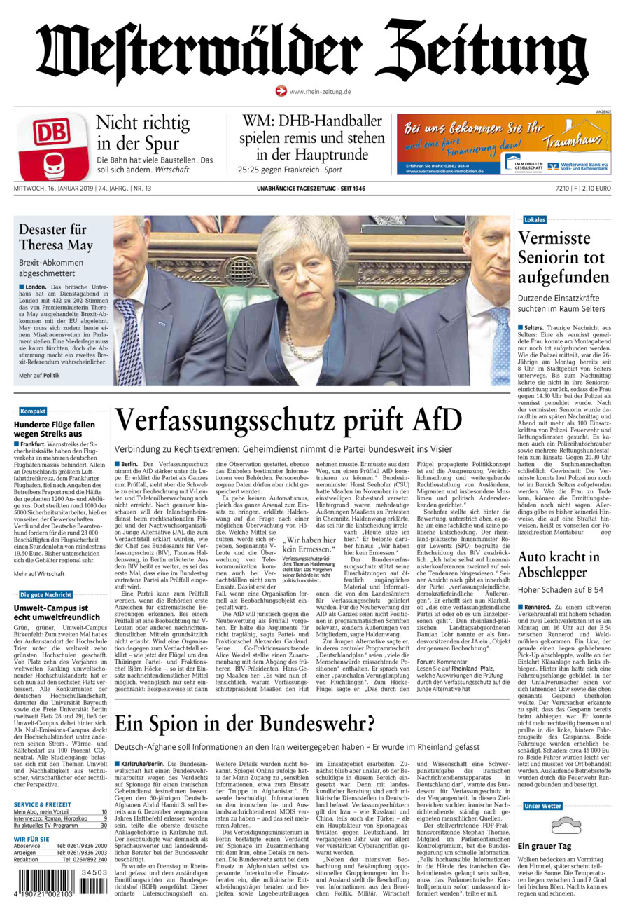 Westerwälder Zeitung vom Mittwoch, 16.01.2019