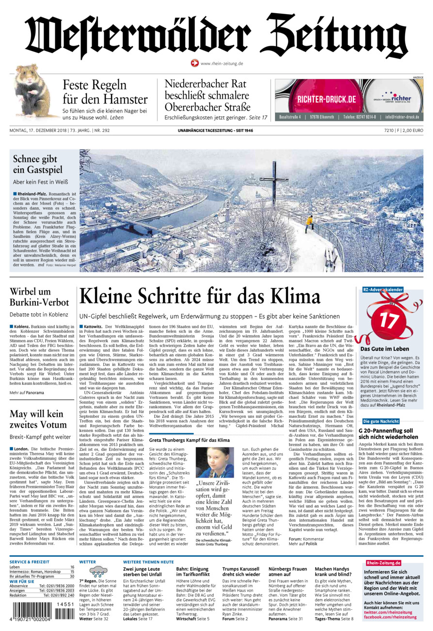 Westerwälder Zeitung vom Montag, 17.12.2018