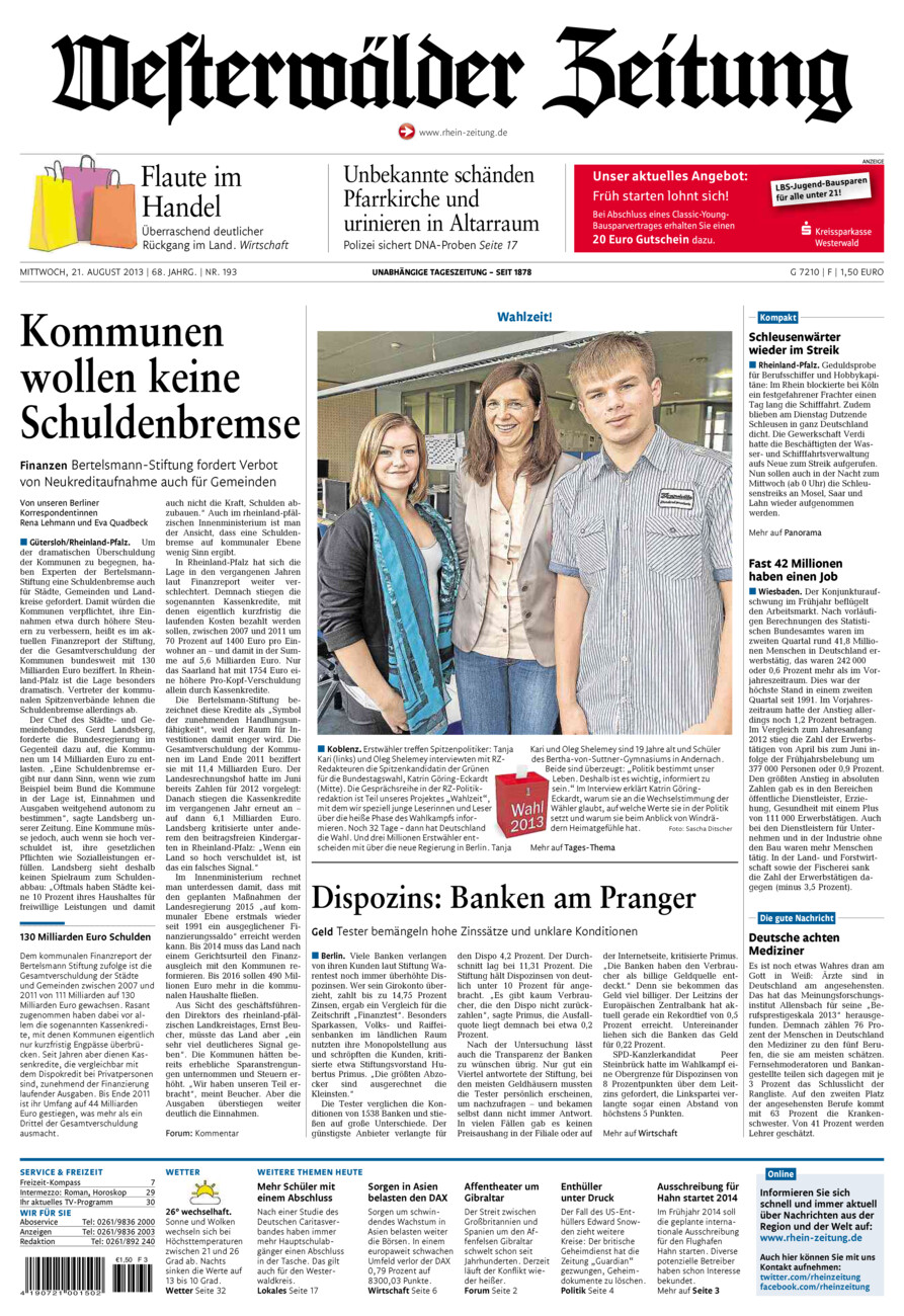 Westerwälder Zeitung vom Mittwoch, 21.08.2013
