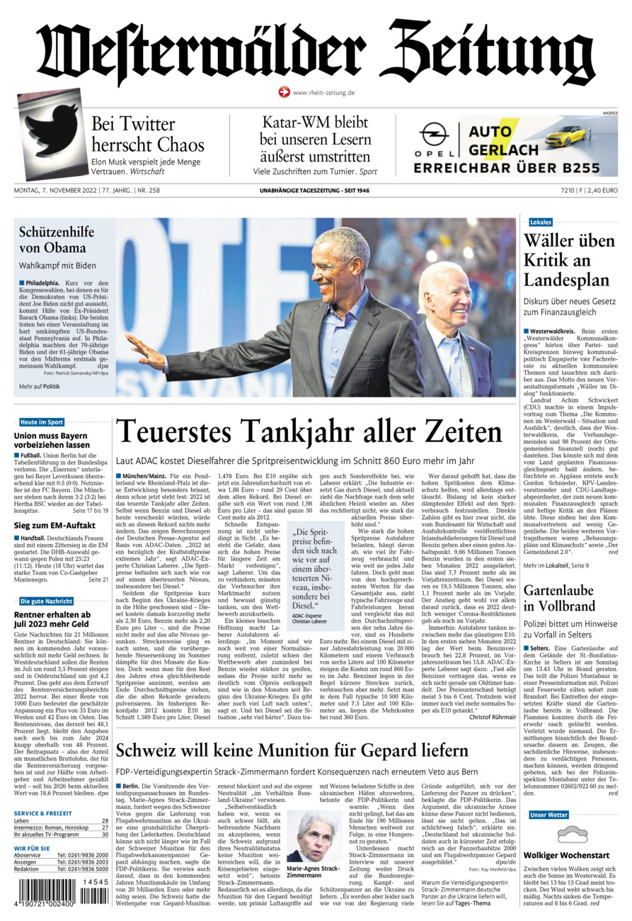 Westerwälder Zeitung vom Montag, 07.11.2022