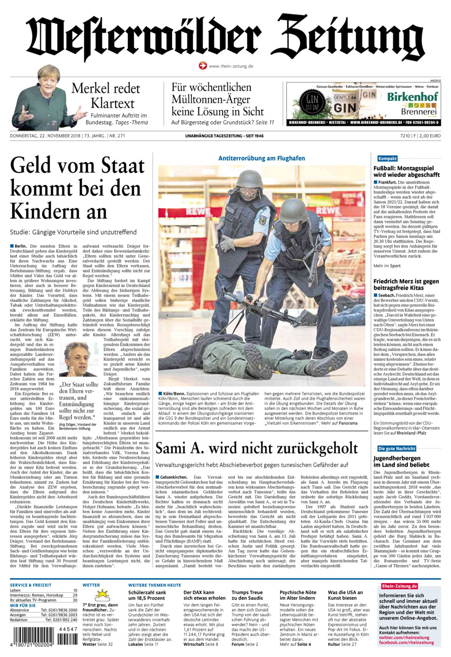 Westerwälder Zeitung vom Donnerstag, 22.11.2018