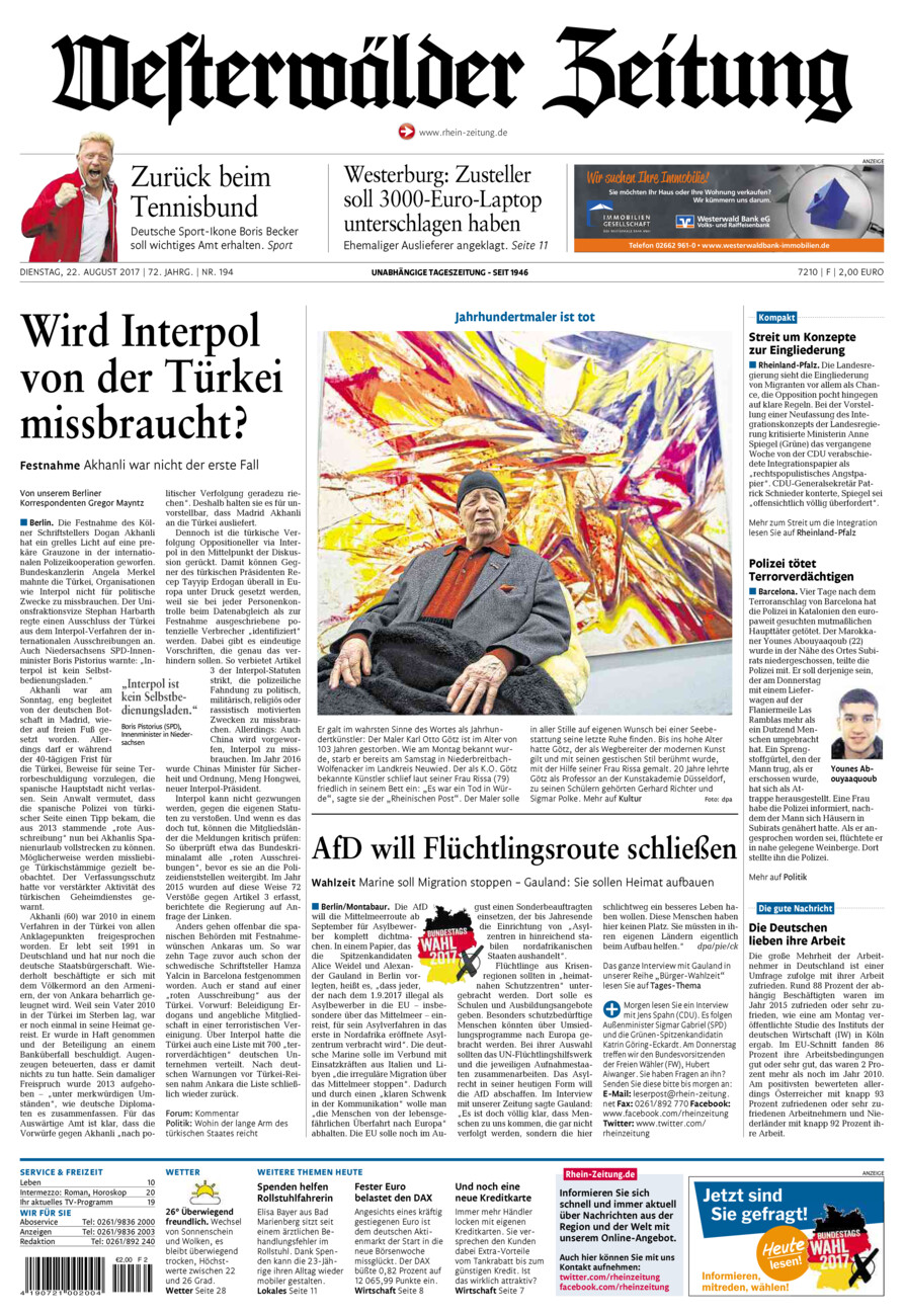 Westerwälder Zeitung vom Dienstag, 22.08.2017