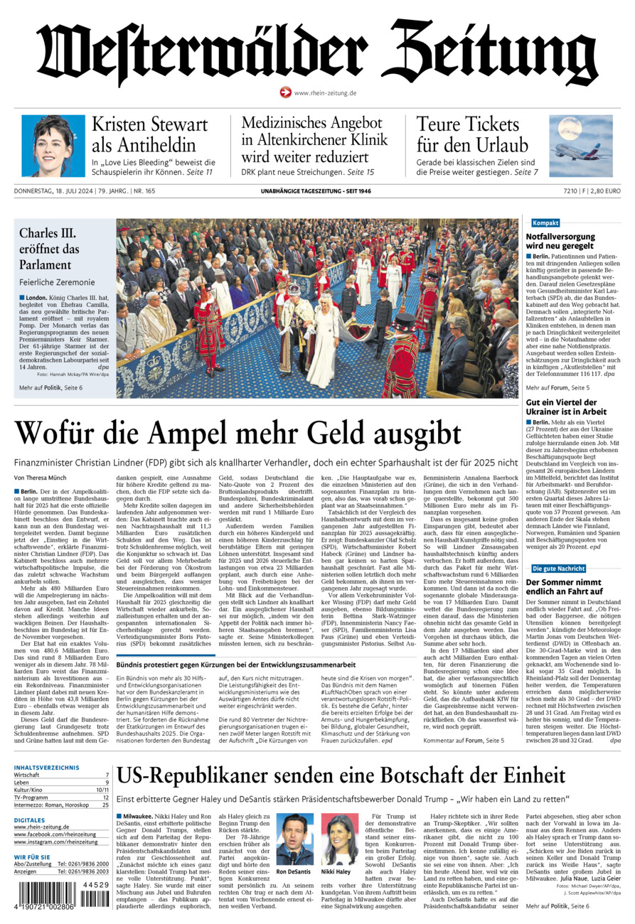 Westerwälder Zeitung vom Donnerstag, 18.07.2024