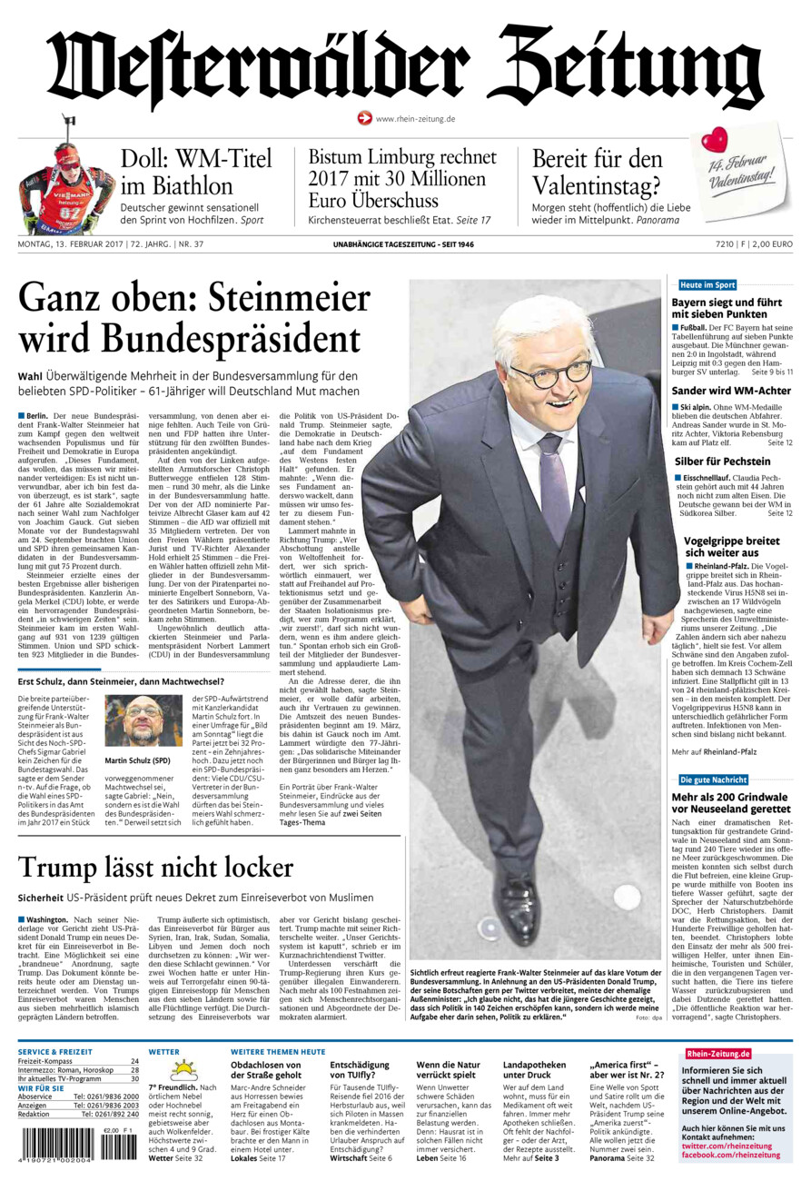 Westerwälder Zeitung vom Montag, 13.02.2017