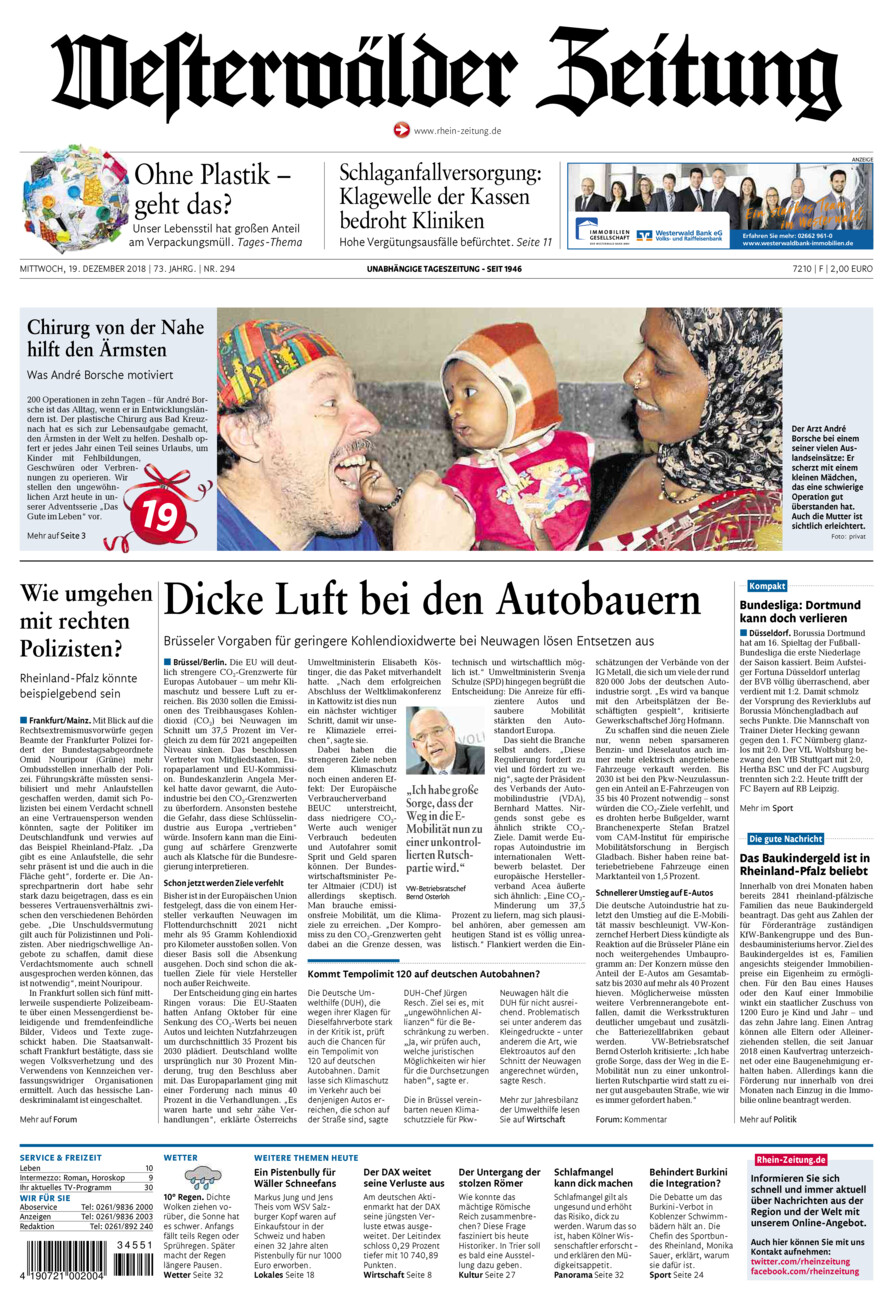 Westerwälder Zeitung vom Mittwoch, 19.12.2018