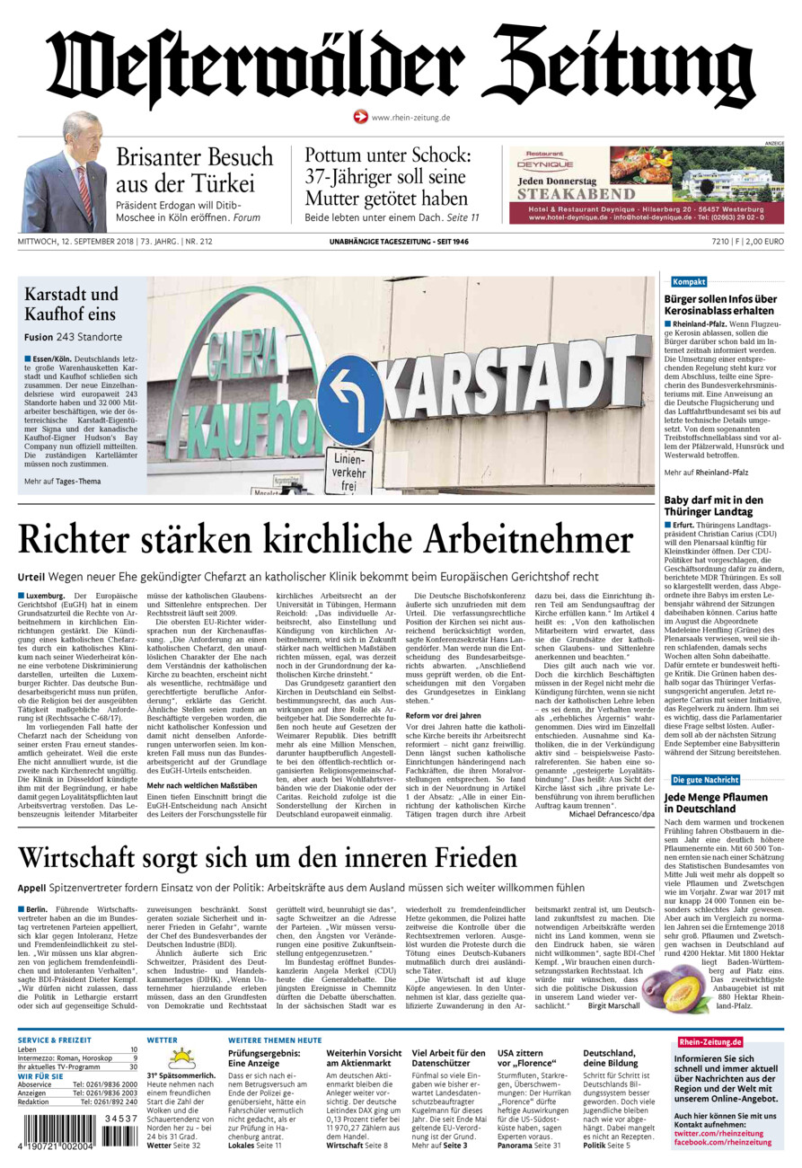 Westerwälder Zeitung vom Mittwoch, 12.09.2018