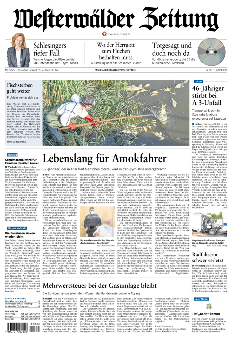 Westerwälder Zeitung vom Mittwoch, 17.08.2022