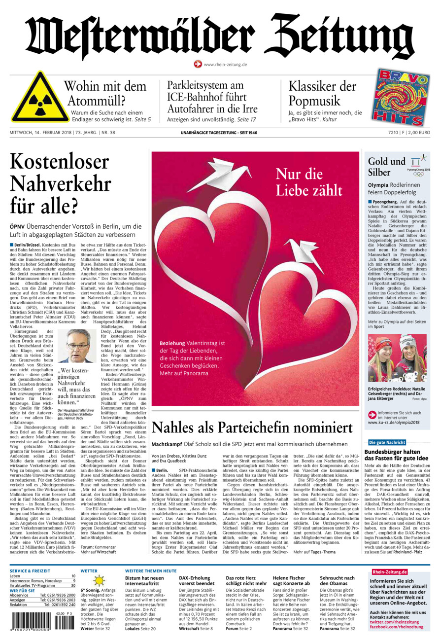 Westerwälder Zeitung vom Mittwoch, 14.02.2018