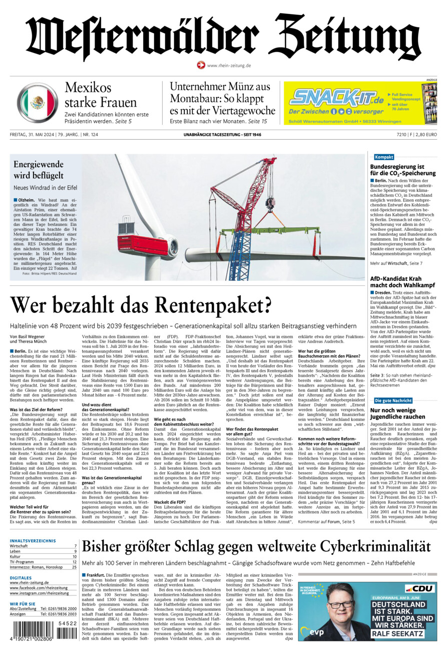 Westerwälder Zeitung vom Freitag, 31.05.2024
