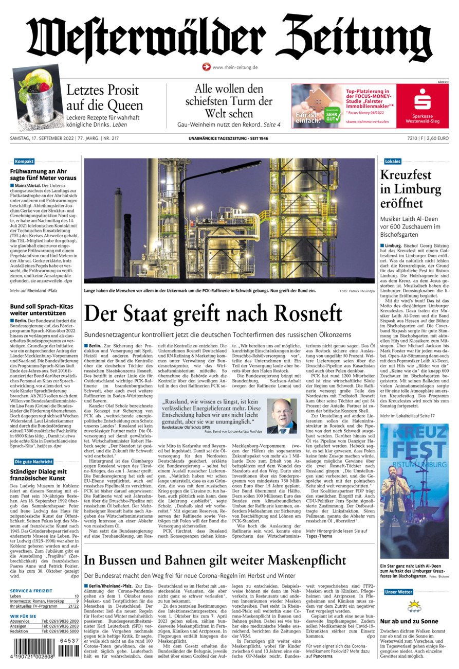 Westerwälder Zeitung vom Samstag, 17.09.2022