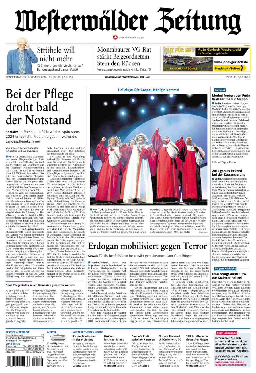 Westerwälder Zeitung vom Donnerstag, 15.12.2016