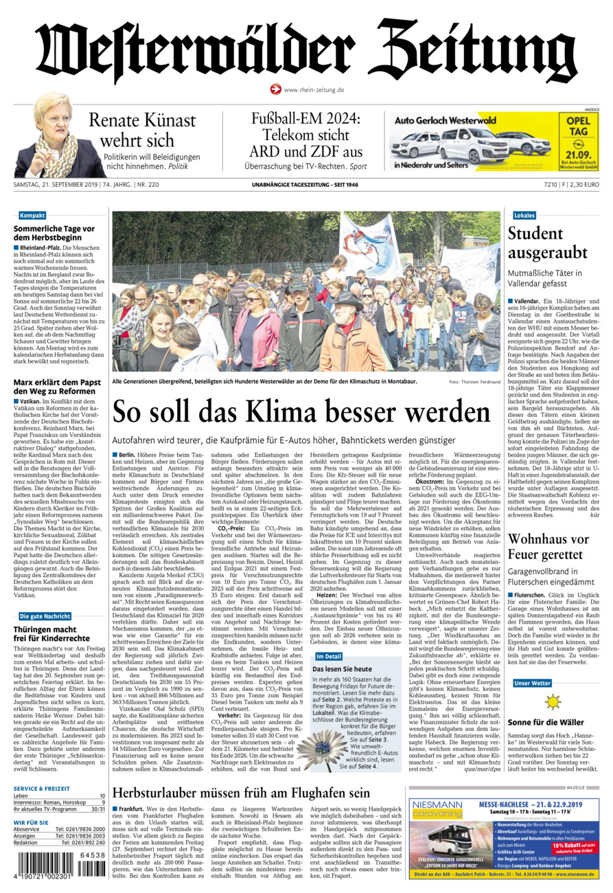 Westerwälder Zeitung vom Samstag, 21.09.2019