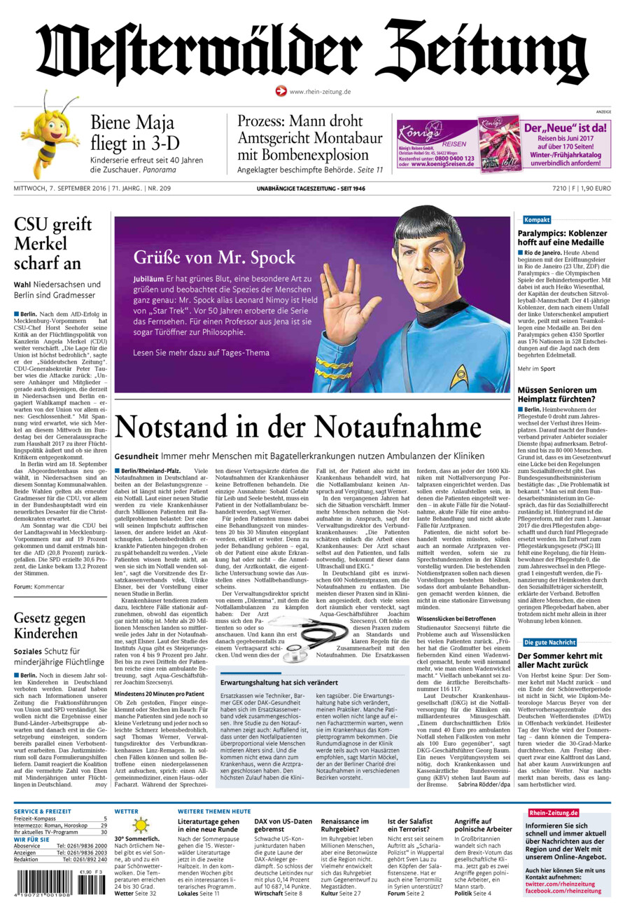 Westerwälder Zeitung vom Mittwoch, 07.09.2016