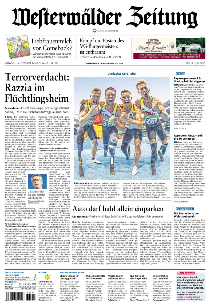 Westerwälder Zeitung vom Mittwoch, 14.09.2016