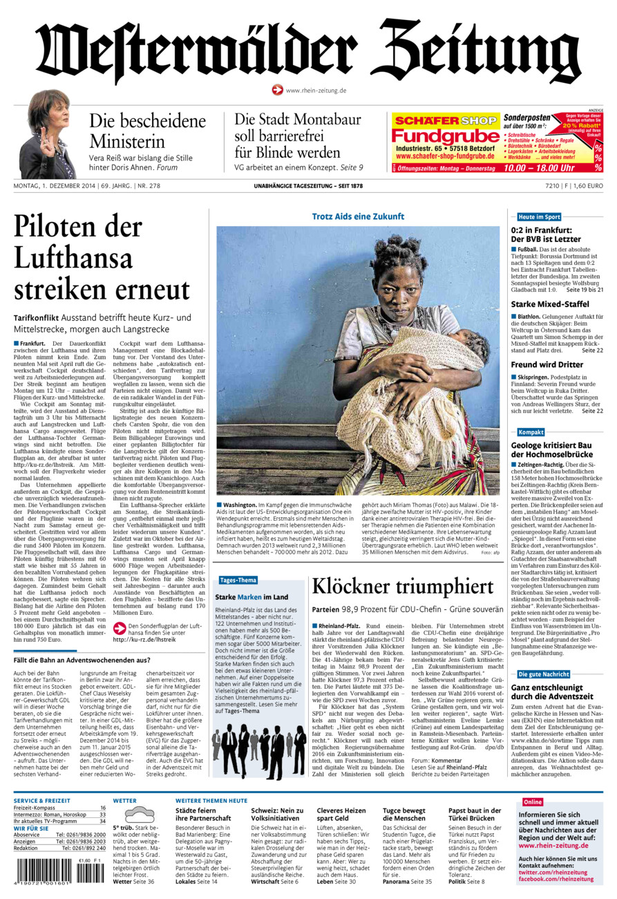 Westerwälder Zeitung vom Montag, 01.12.2014