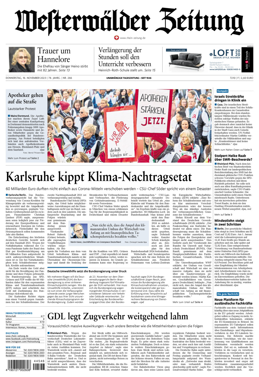 Westerwälder Zeitung vom Donnerstag, 16.11.2023