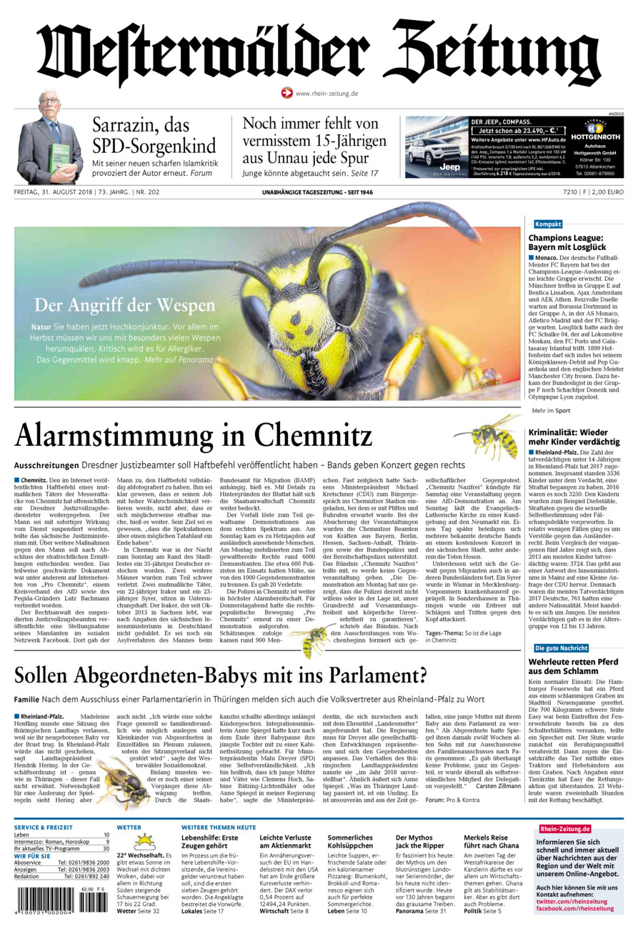 Westerwälder Zeitung vom Freitag, 31.08.2018