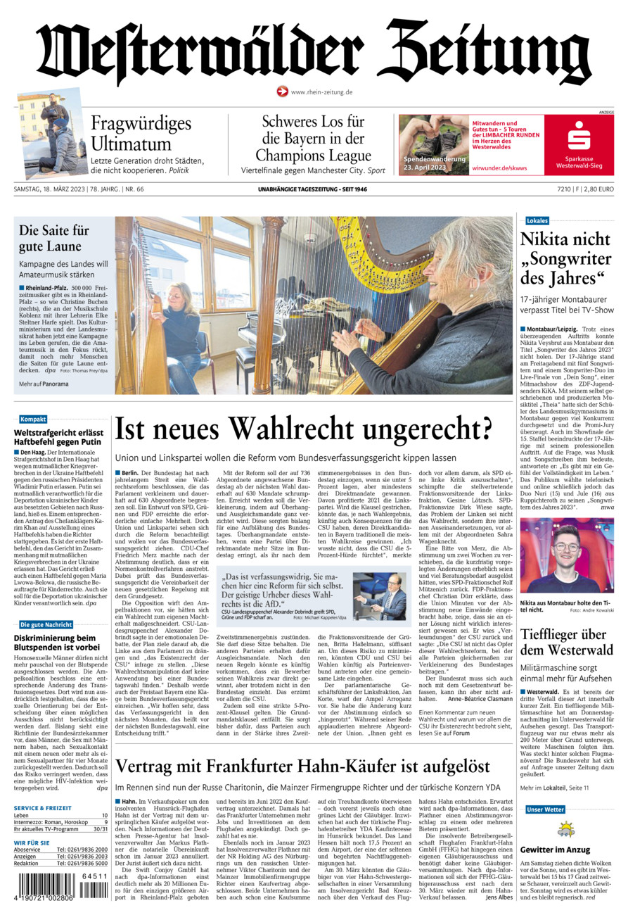 Westerwälder Zeitung vom Samstag, 18.03.2023