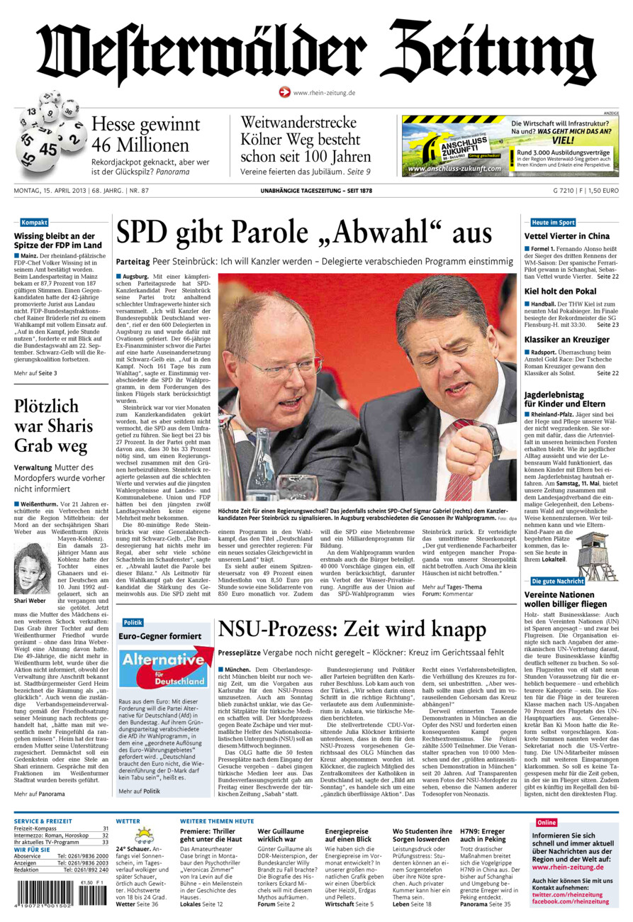 Westerwälder Zeitung vom Montag, 15.04.2013