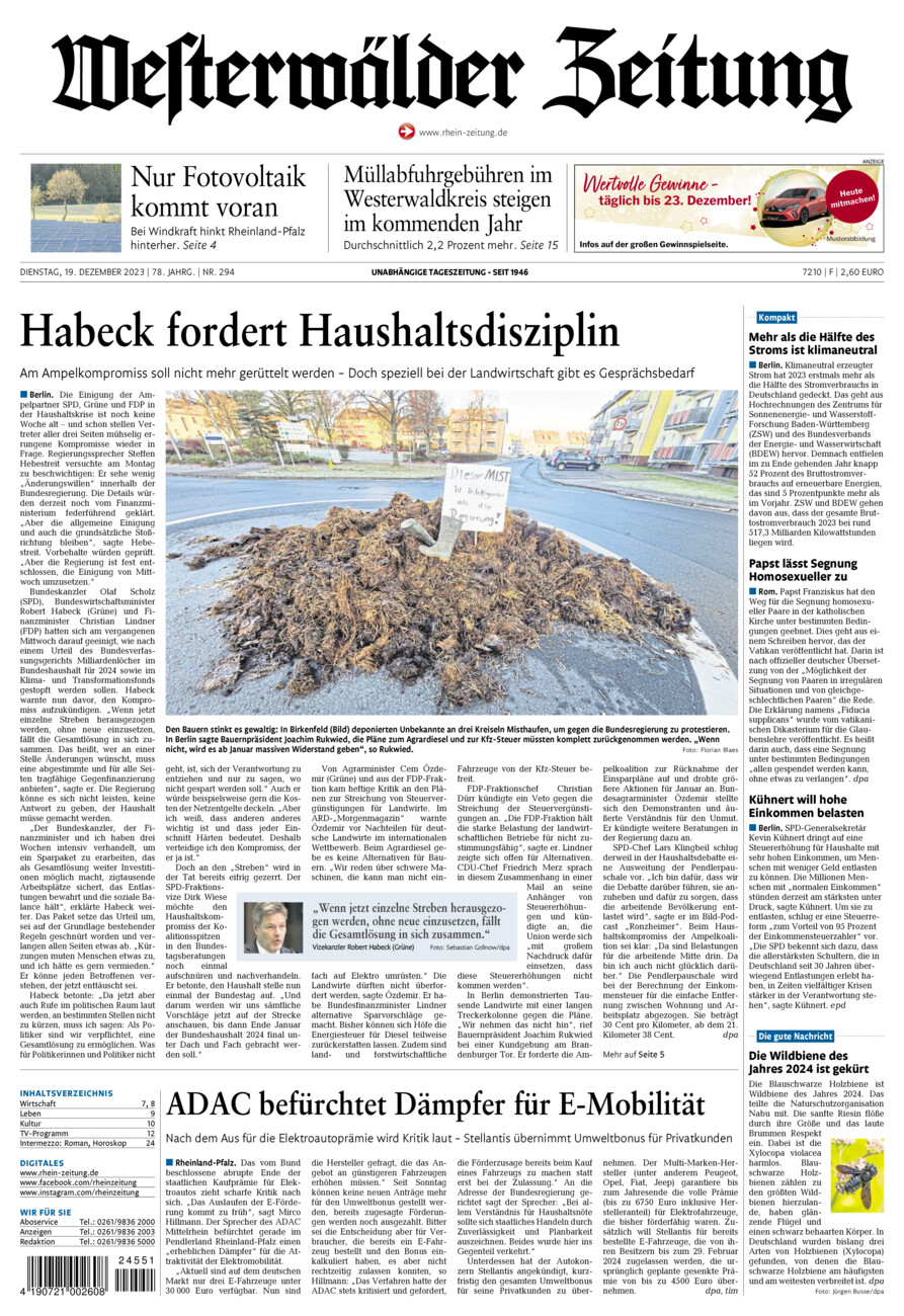 Westerwälder Zeitung vom Dienstag, 19.12.2023