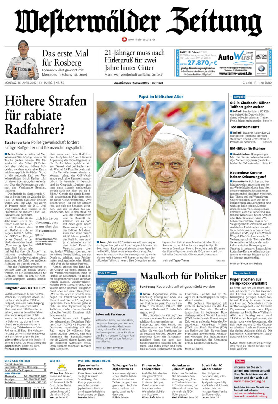 Westerwälder Zeitung vom Montag, 16.04.2012