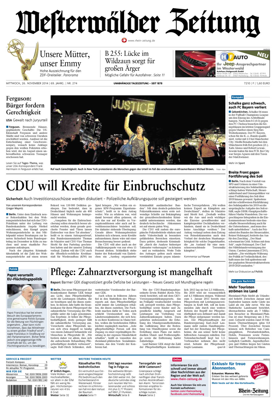 Westerwälder Zeitung vom Mittwoch, 26.11.2014