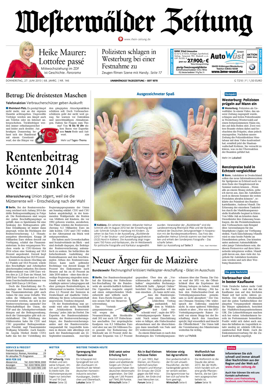Westerwälder Zeitung vom Donnerstag, 27.06.2013
