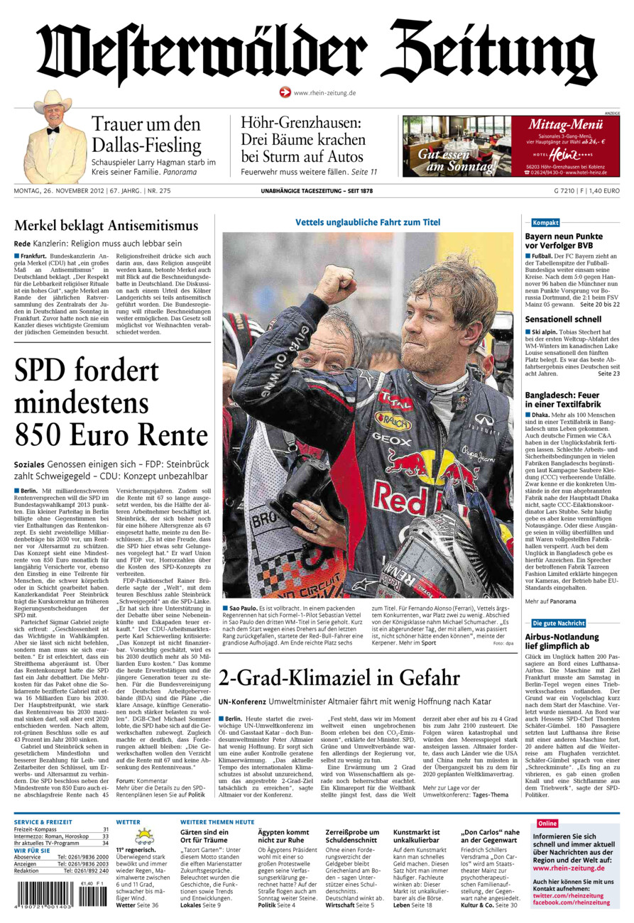 Westerwälder Zeitung vom Montag, 26.11.2012