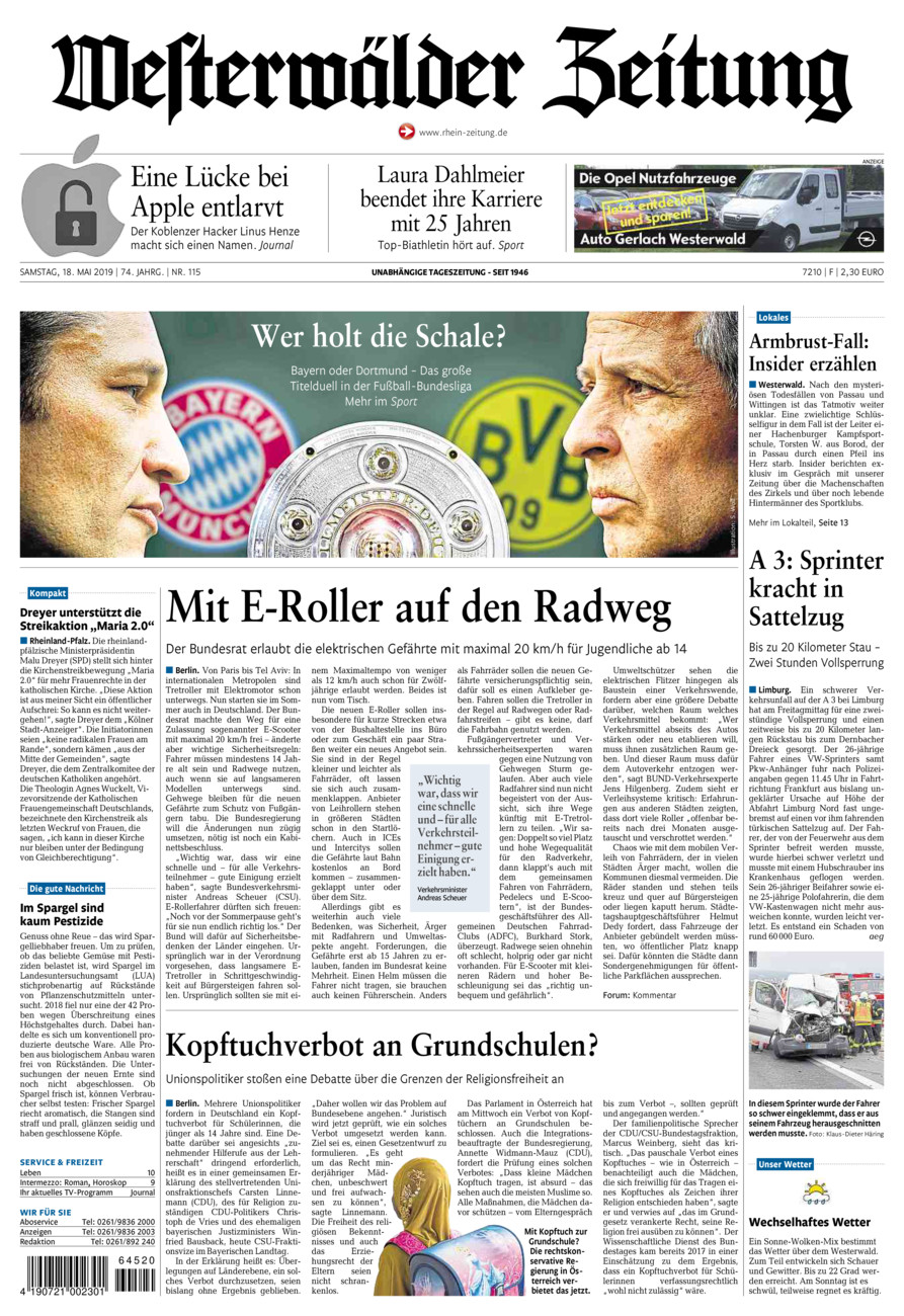 Westerwälder Zeitung vom Samstag, 18.05.2019
