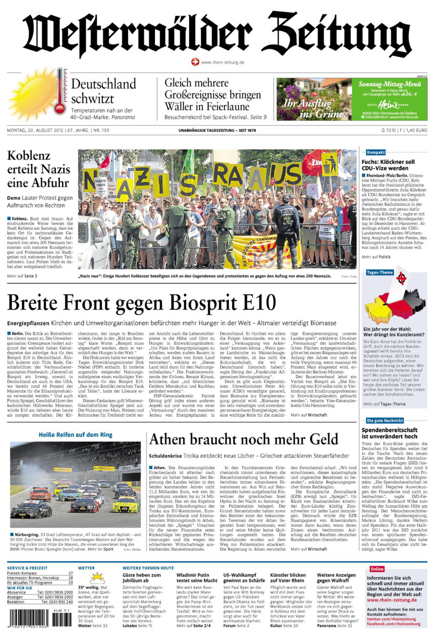 Westerwälder Zeitung vom Montag, 20.08.2012