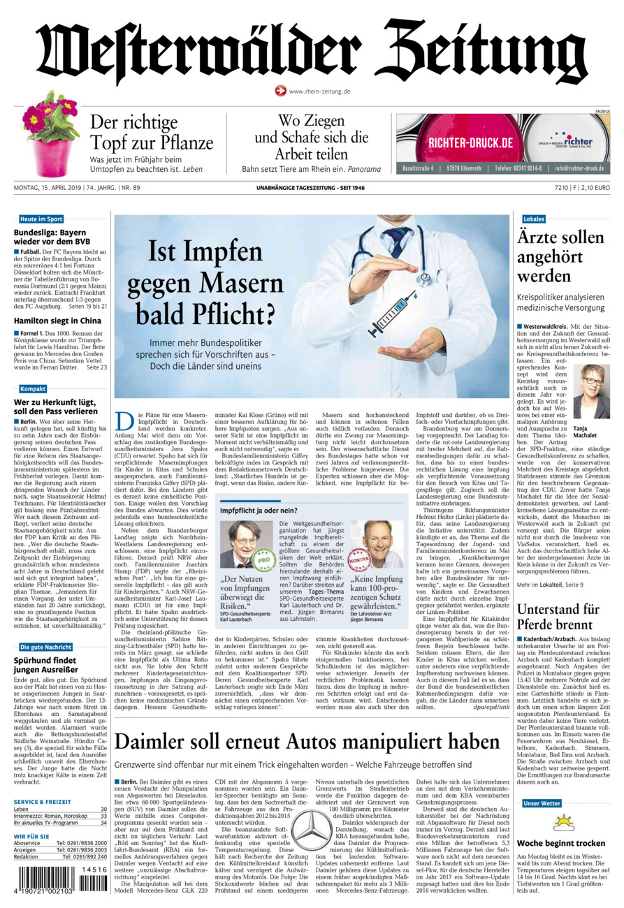 Westerwälder Zeitung vom Montag, 15.04.2019