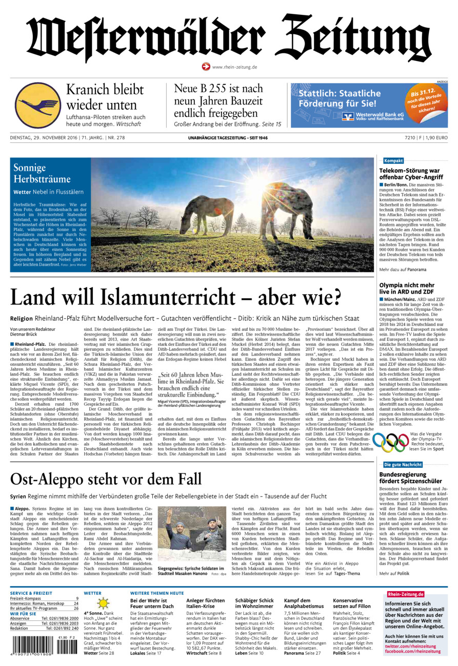 Westerwälder Zeitung vom Dienstag, 29.11.2016