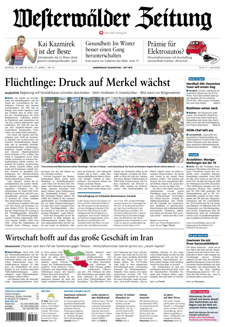 Westerwälder Zeitung vom Montag, 18.01.2016
