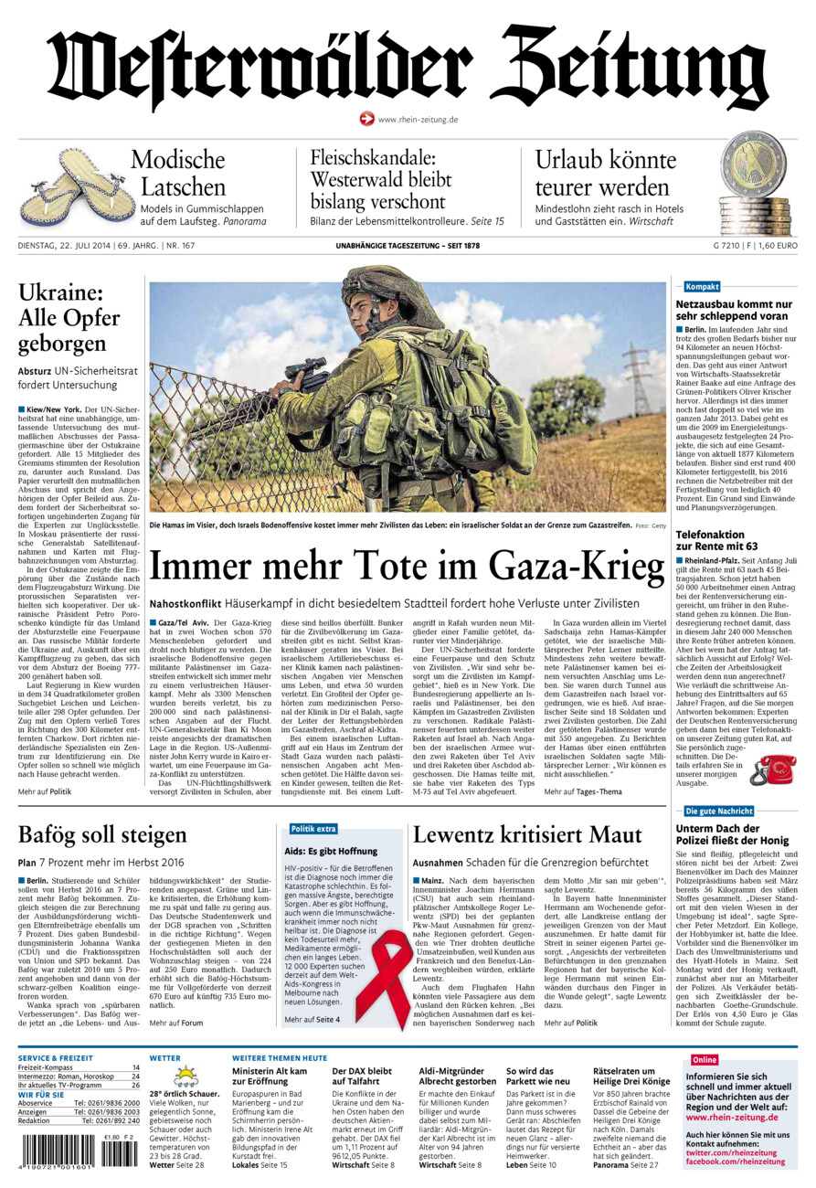 Westerwälder Zeitung vom Dienstag, 22.07.2014