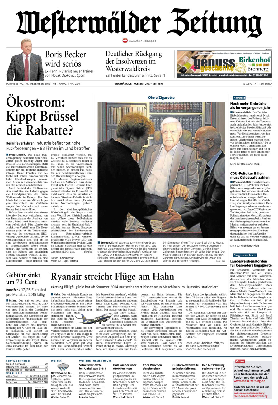Westerwälder Zeitung vom Donnerstag, 19.12.2013