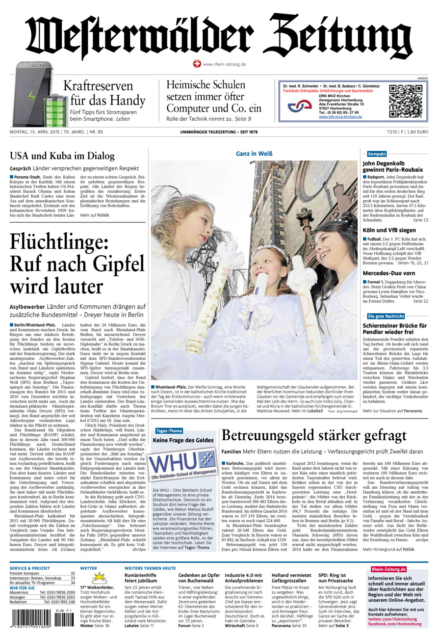 Westerwälder Zeitung vom Montag, 13.04.2015