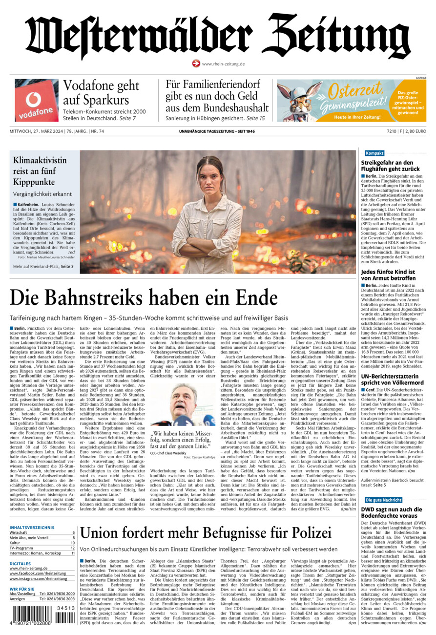 Westerwälder Zeitung vom Mittwoch, 27.03.2024