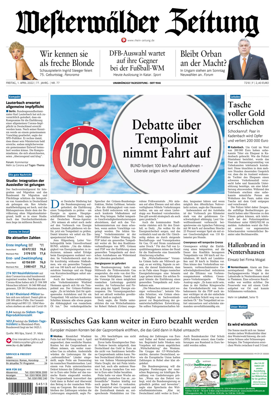 Westerwälder Zeitung vom Freitag, 01.04.2022