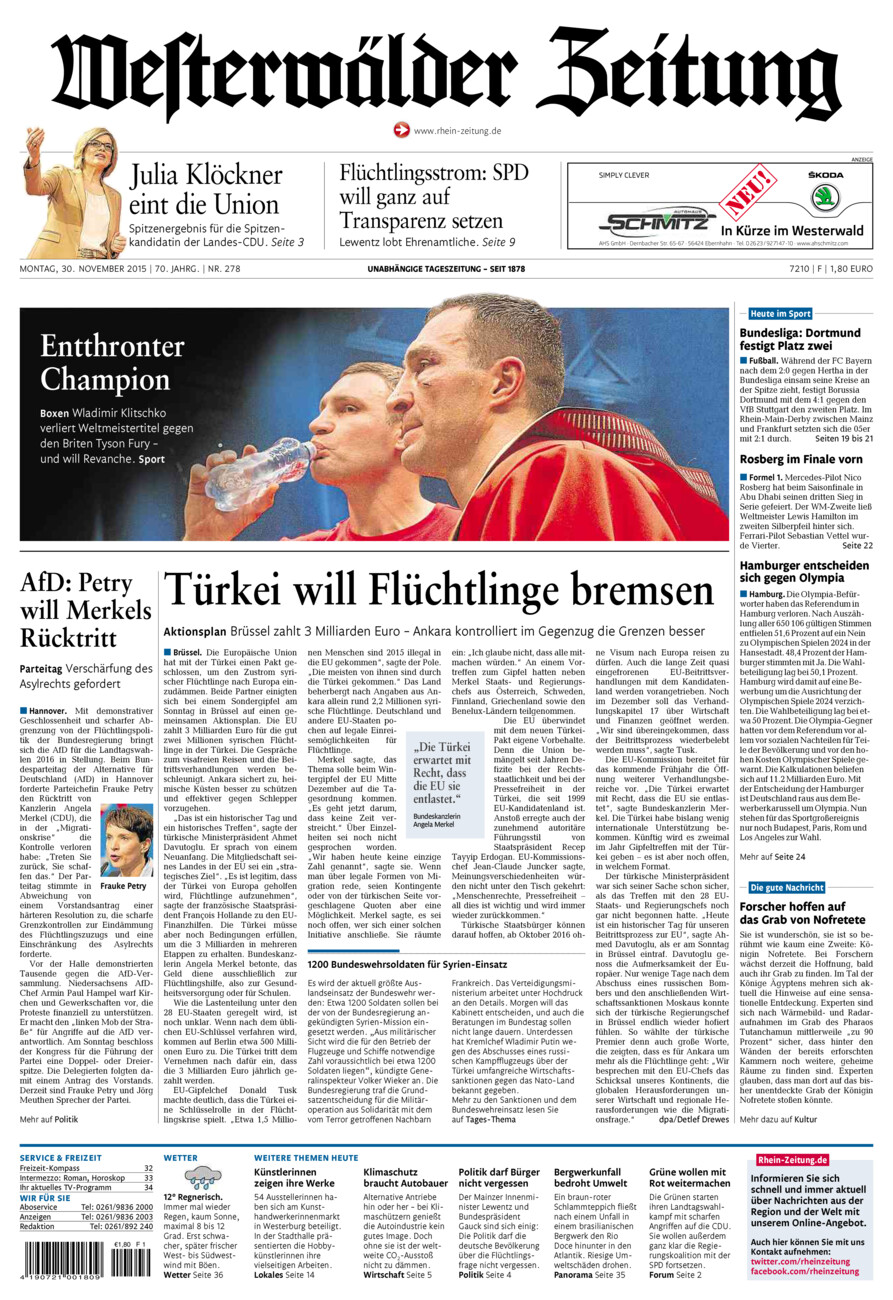 Westerwälder Zeitung vom Montag, 30.11.2015