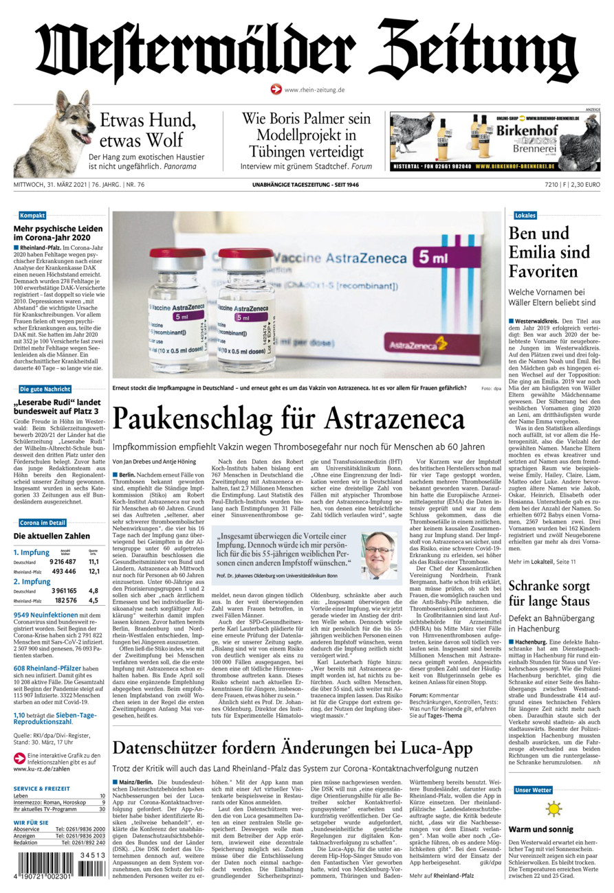 Westerwälder Zeitung vom Mittwoch, 31.03.2021