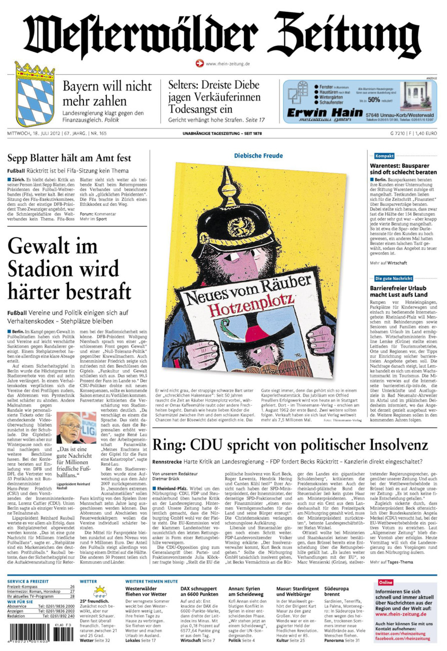 Westerwälder Zeitung vom Mittwoch, 18.07.2012