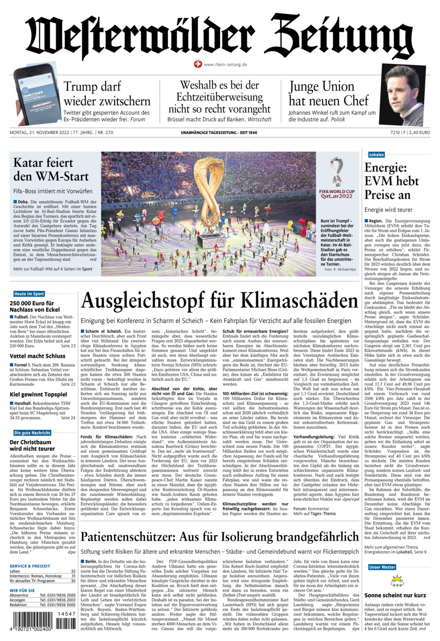 Westerwälder Zeitung vom Montag, 21.11.2022