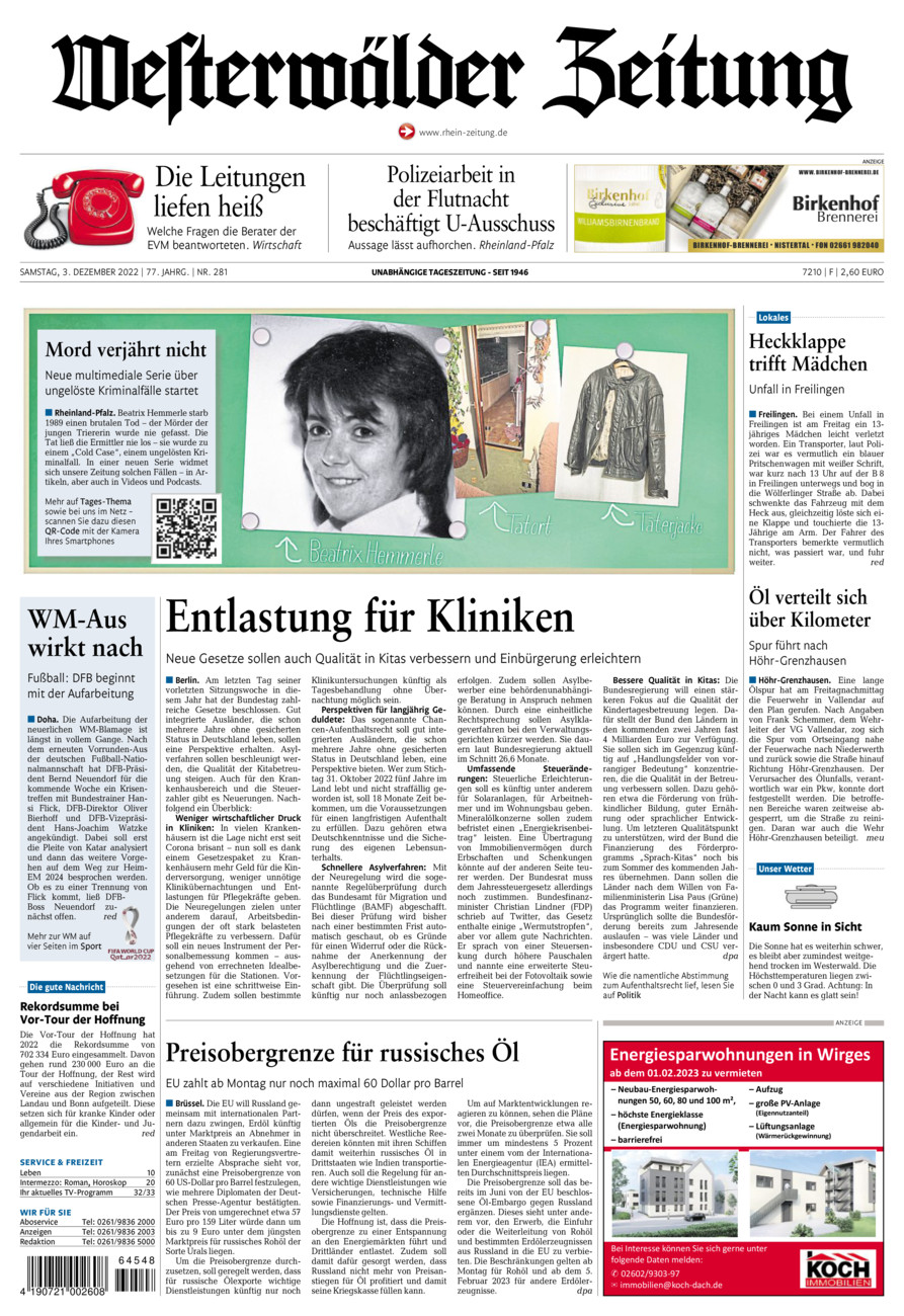 Westerwälder Zeitung vom Samstag, 03.12.2022
