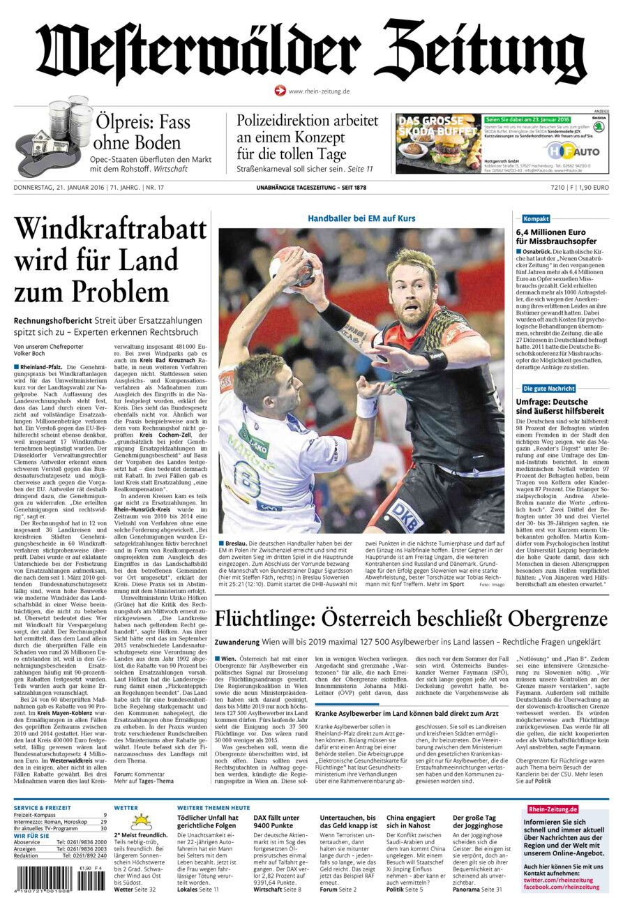Westerwälder Zeitung vom Donnerstag, 21.01.2016