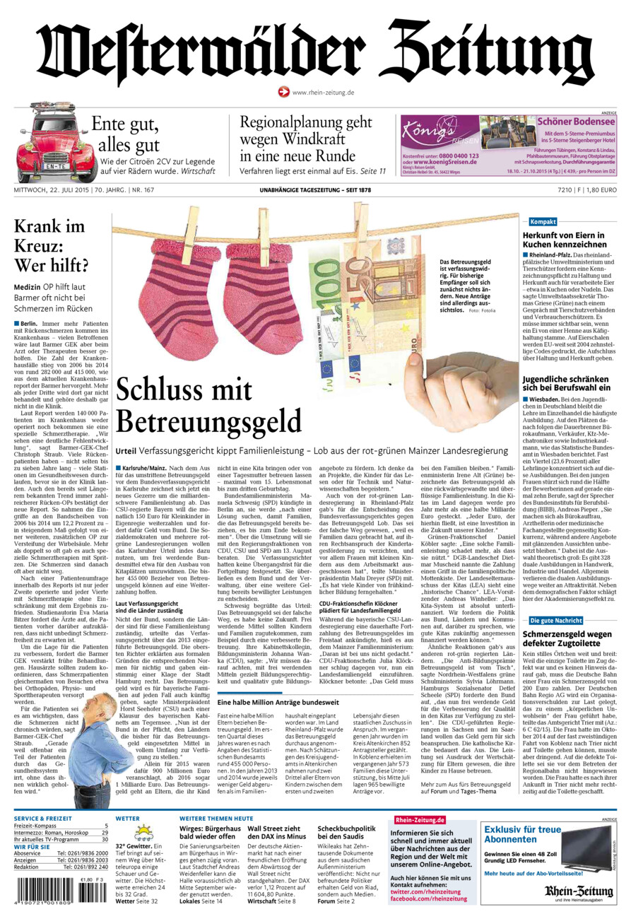 Westerwälder Zeitung vom Mittwoch, 22.07.2015
