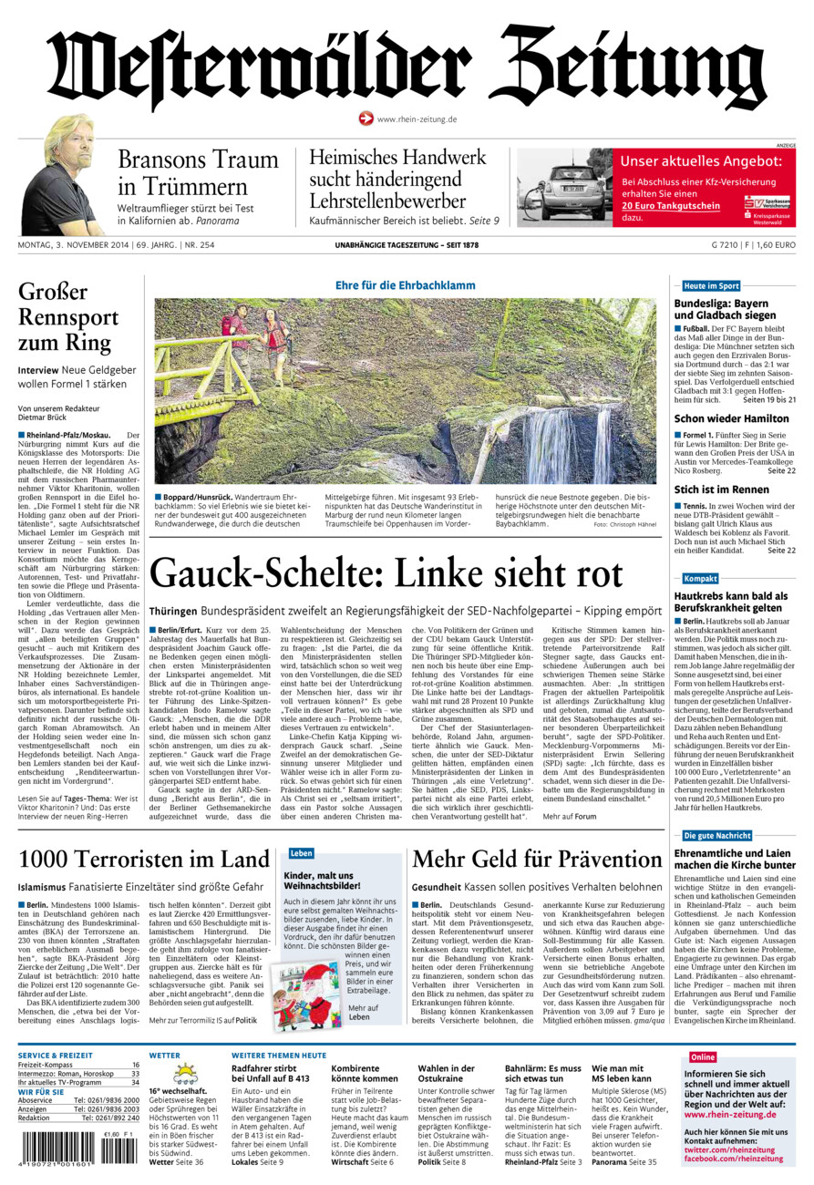 Westerwälder Zeitung vom Montag, 03.11.2014